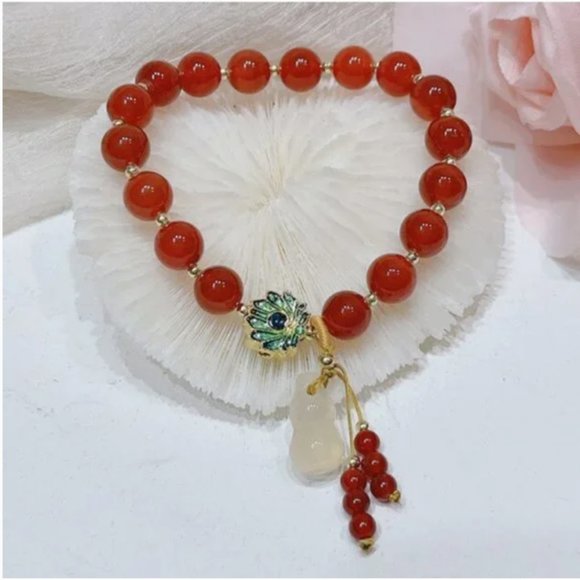 New Gold Plated Glorious Lotus Red Agate Charm Bracelet - Picture 11 of 12